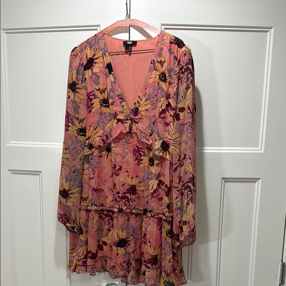 100% Silk Paige Pink V-Neck Bishop Sleeve Dress